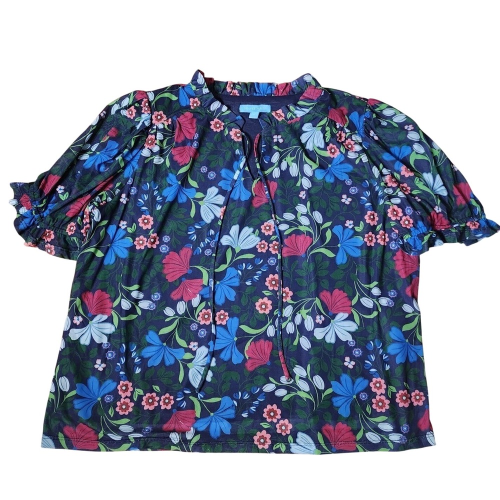Draper James Floral Blouse‎ Puff Sleeve Split Neck Preppy Feminine Bohemian M